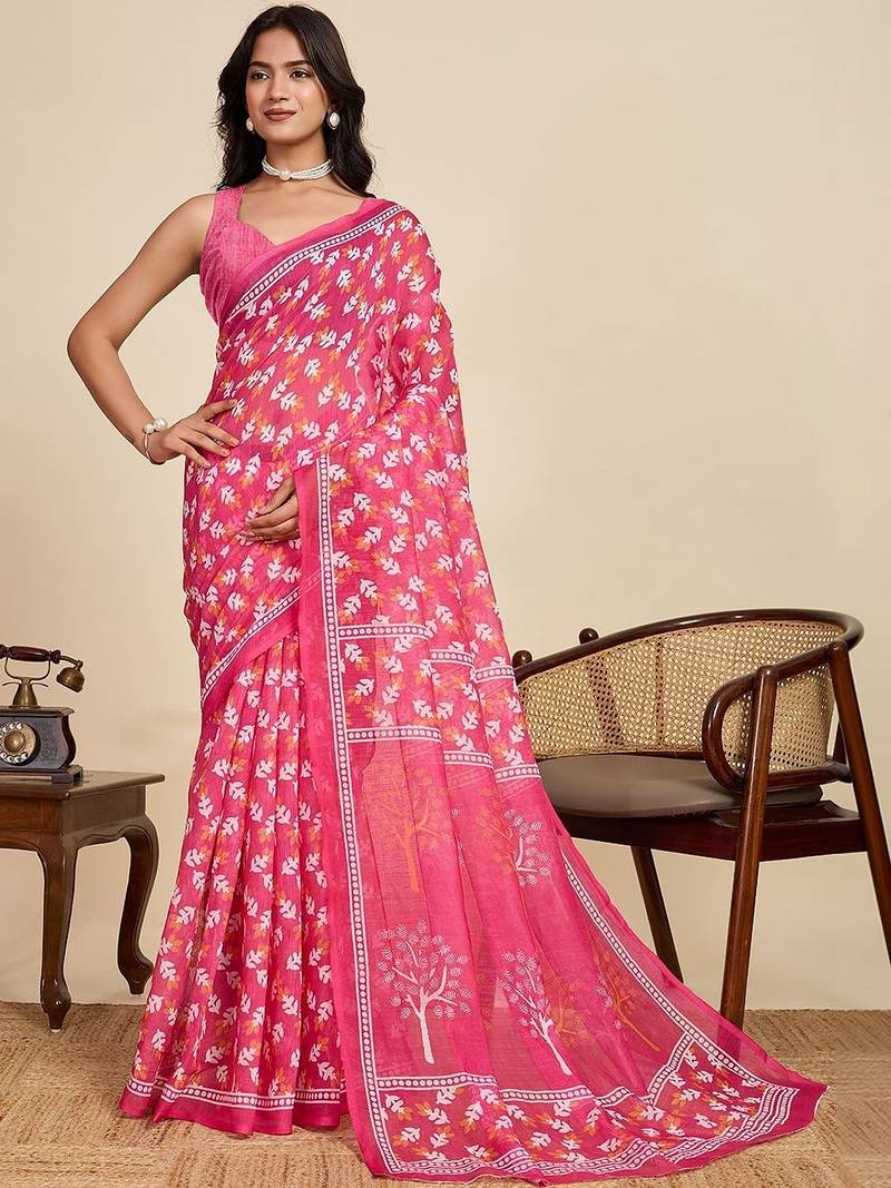 Pink linen printed saree with blouse