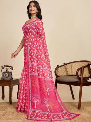 Pink linen printed saree with blouse 3
