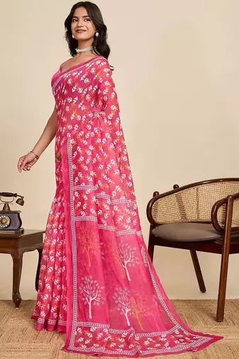 Pink linen printed saree with blouse