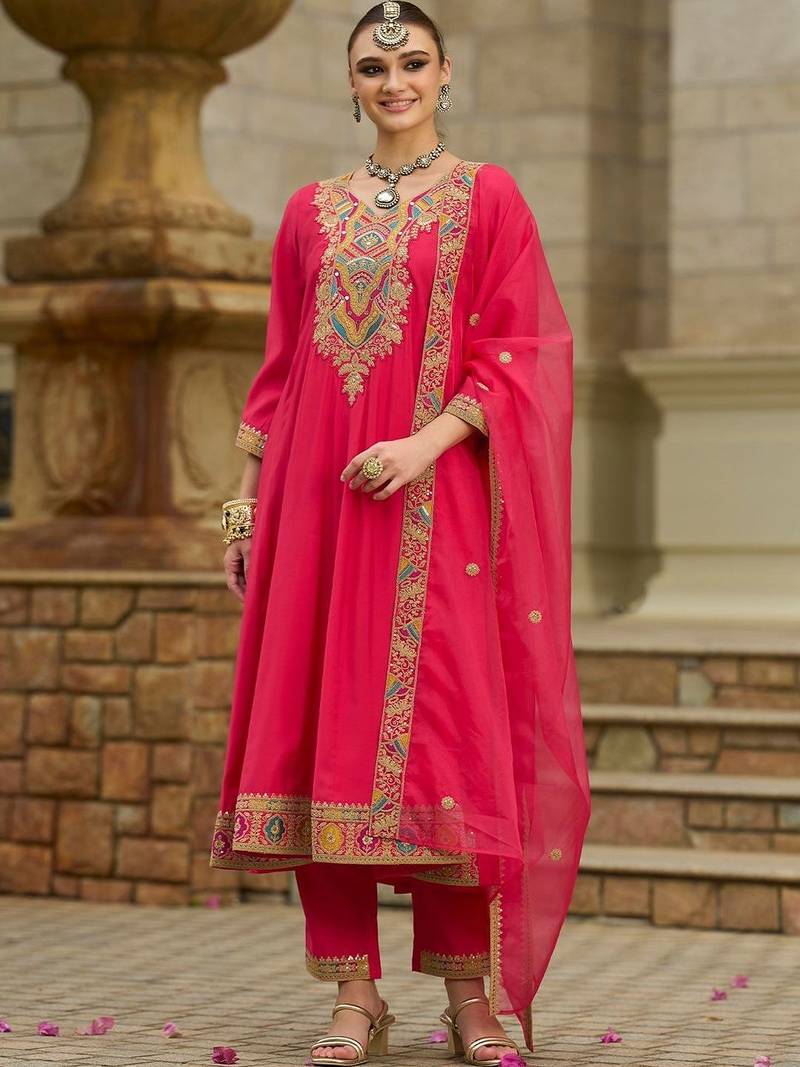Women Ethnic Motifs Embroidered Regular Sequinned Kurta with Trousers & With Dupatta