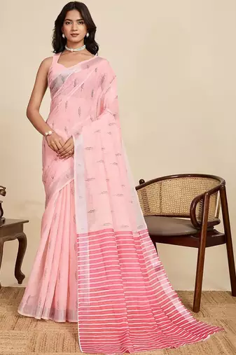 Pink linen printed saree with blouse