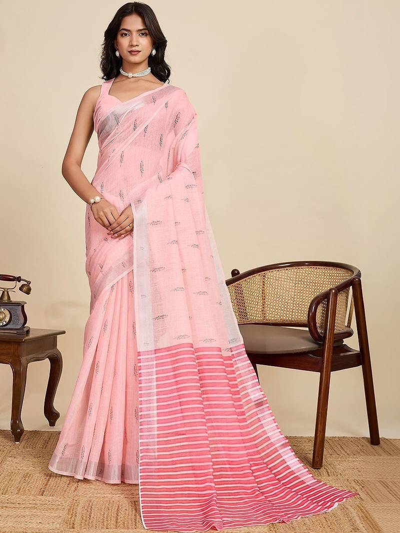 Pink linen printed saree with blouse
