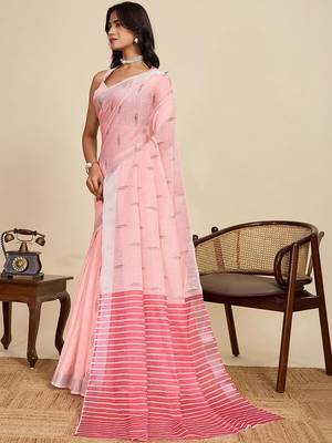 Pink linen printed saree with blouse 3