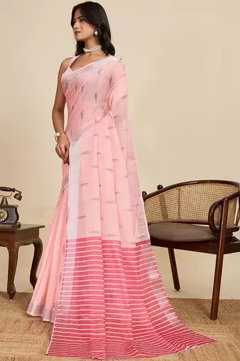 Pink linen printed saree with blouse