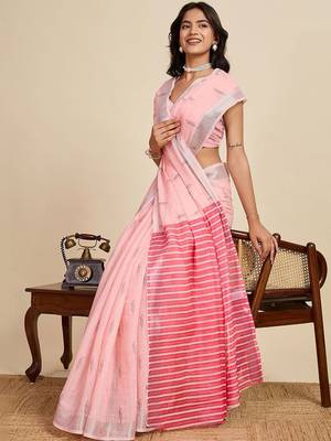 Pink linen printed saree with blouse 5