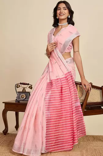 Pink linen printed saree with blouse