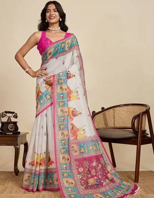 Off white linen printed saree with blouse 1