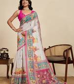 Off white linen printed saree with blouse