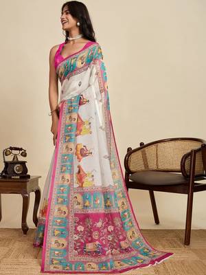 Off white linen printed saree with blouse 3