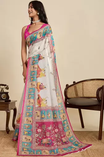 Off white linen printed saree with blouse