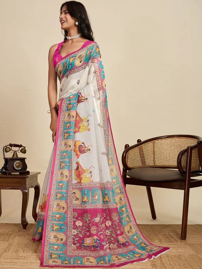 Off white linen printed saree with blouse