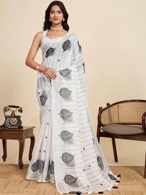 Off white linen printed saree with blouse 1