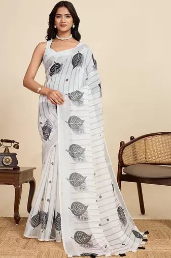 Off white linen printed saree with blouse