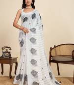 Off white linen printed saree with blouse