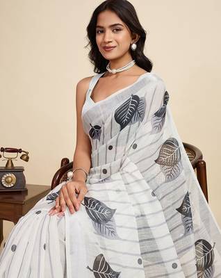 Off white linen printed saree with blouse 2
