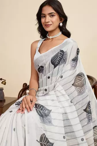 Off white linen printed saree with blouse
