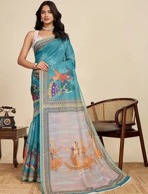 Teal linen printed saree with blouse 1