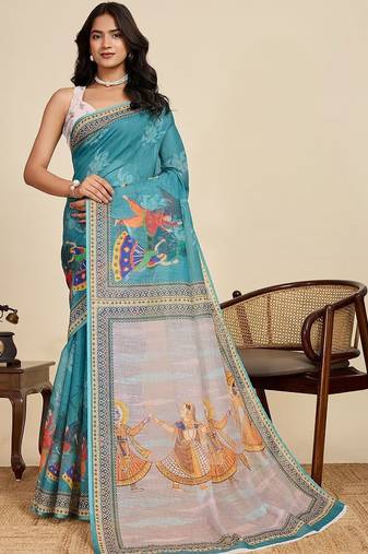 Teal linen printed saree with blouse