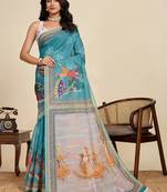 Teal linen printed saree with blouse