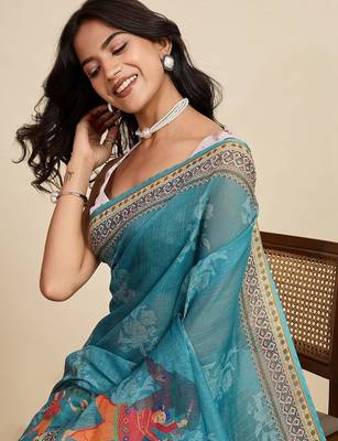 Teal linen printed saree with blouse 2