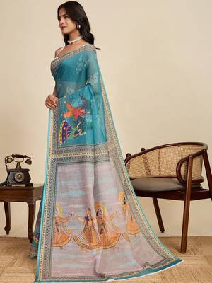 Teal linen printed saree with blouse 3