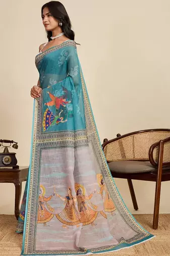 Teal linen printed saree with blouse