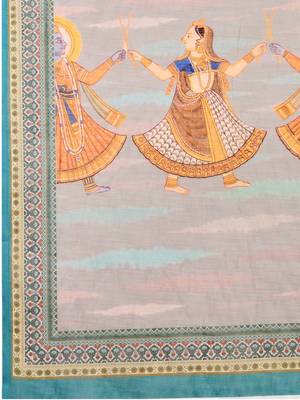 Teal linen printed saree with blouse 4