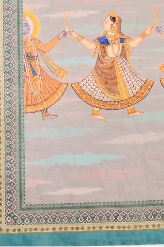 Teal linen printed saree with blouse