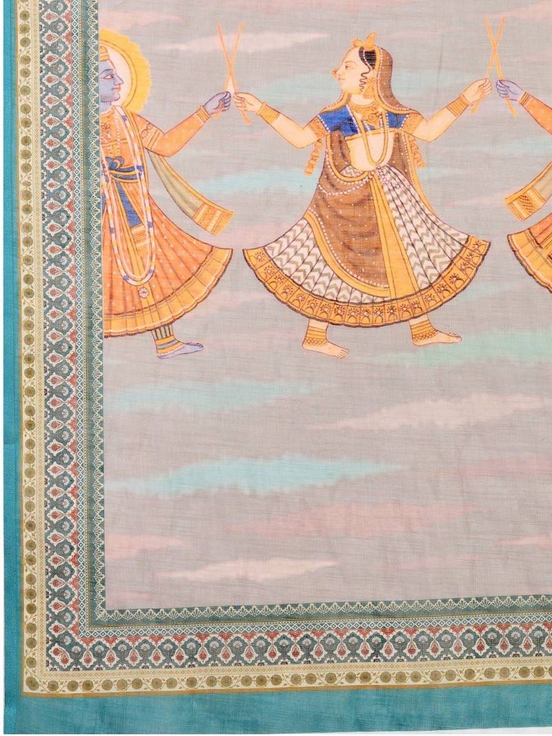 Teal linen printed saree with blouse