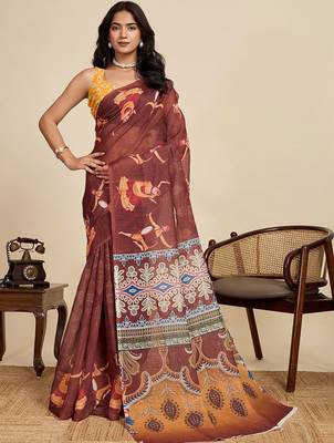 Maroon linen printed saree with blouse 1