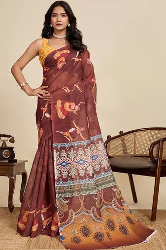 Maroon linen printed saree with blouse