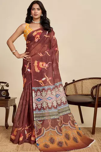 Maroon linen printed saree with blouse