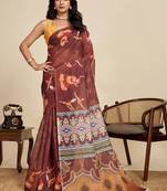 Maroon linen printed saree with blouse