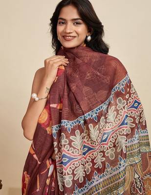 Maroon linen printed saree with blouse 2
