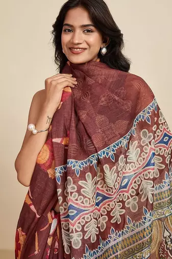 Maroon linen printed saree with blouse
