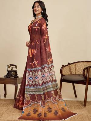 Maroon linen printed saree with blouse 3