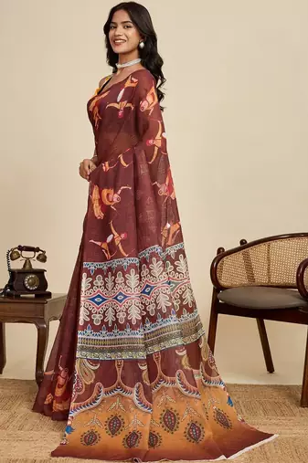 Maroon linen printed saree with blouse