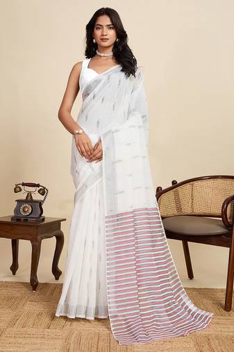 White linen woven design saree with blouse
