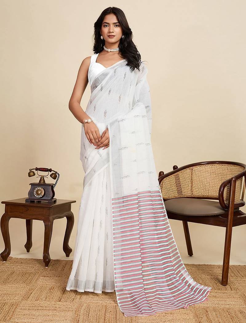 White linen woven design saree with blouse