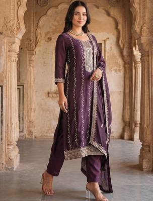 Women Ethnic Motifs Embroidered Regular Thread Work Kurta with Trousers & With Dupatta 5