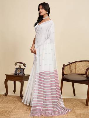 White linen woven design saree with blouse 2