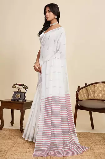 White linen woven design saree with blouse