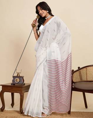 White linen woven design saree with blouse 4