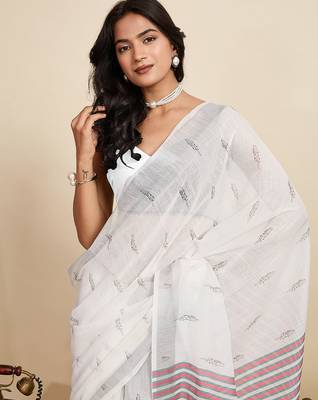 White linen woven design saree with blouse 5