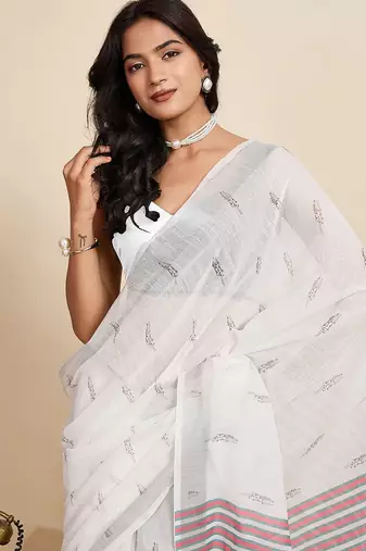 White linen woven design saree with blouse