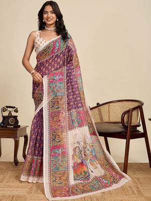 Purple linen printed saree with blouse 1