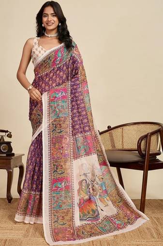 Purple linen printed saree with blouse