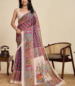 Purple linen printed saree with blouse