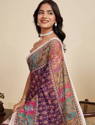 Purple linen printed saree with blouse 2