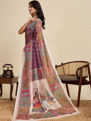 Purple linen printed saree with blouse 3